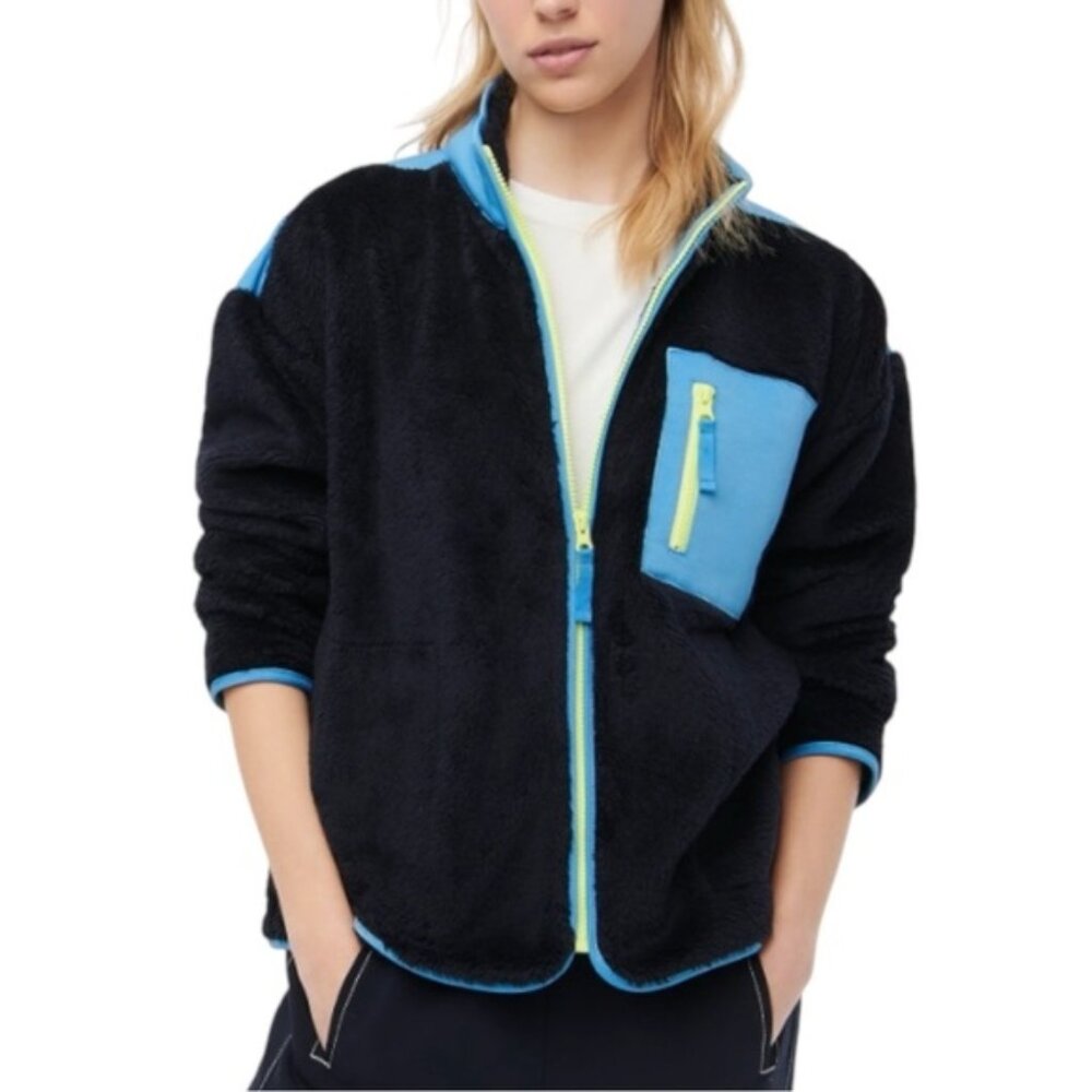 J.Crew Superplush Sherpa Full-zip Jacket Large Navy Blue Yellow